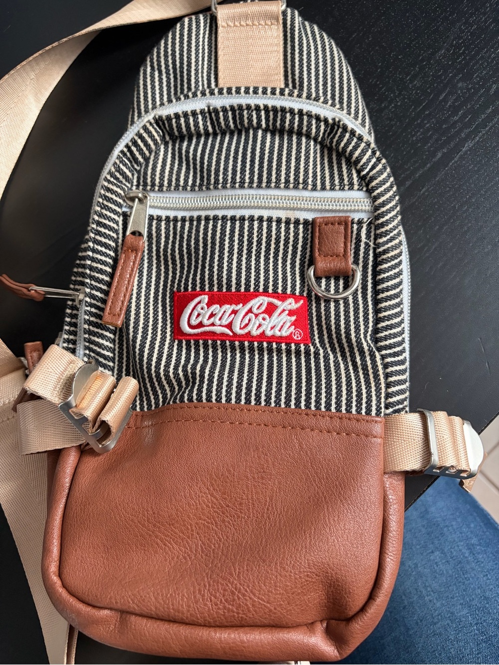 Coca Cola Black & Brown Striped Crossbody Sling Bag